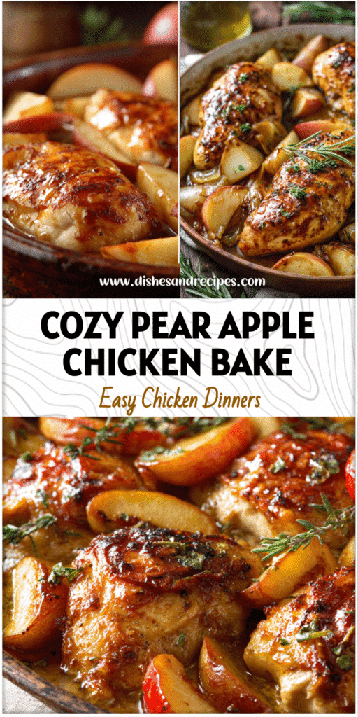 Baked chicken breasts with sliced pears and apples in a maple glaze, served in a rustic dish.
